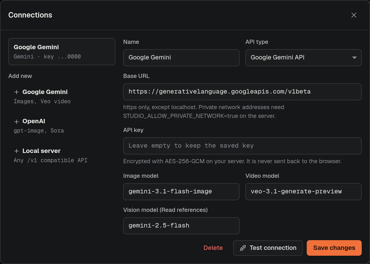 Connections dialog with Google Gemini, OpenAI and local server presets and an encrypted API key field
