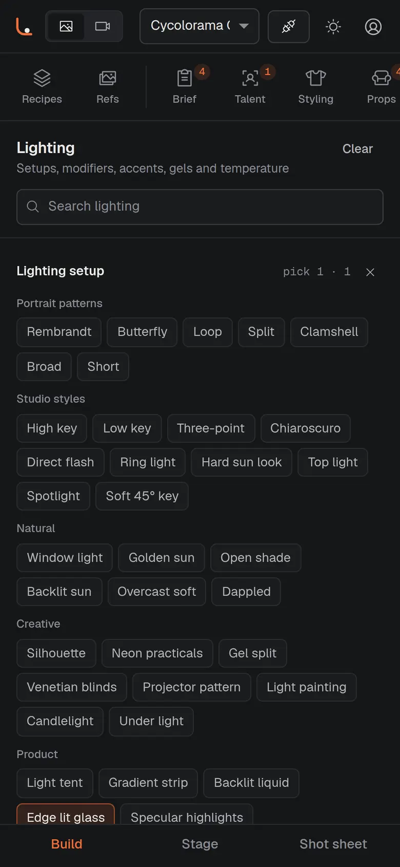 Cycolorama on a phone showing the lighting panel