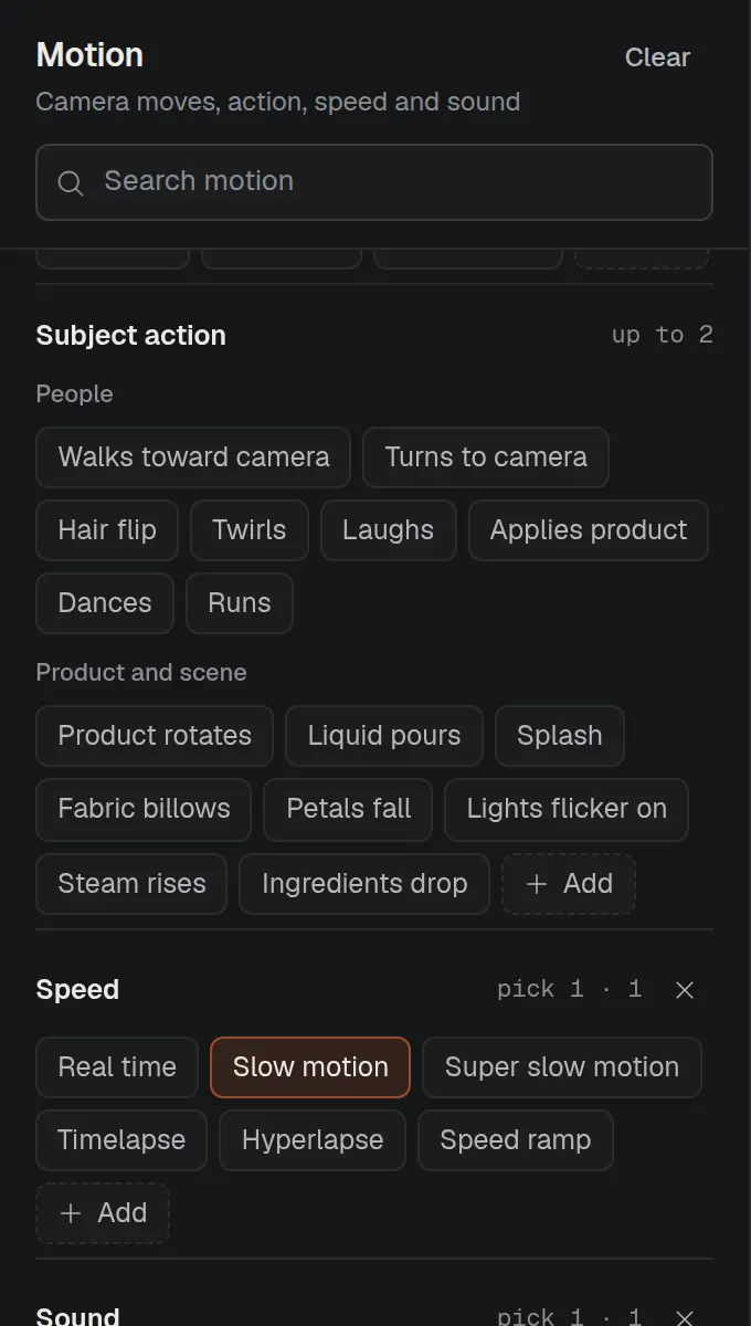 Motion panel for video with camera movements such as Orbit, plus subject action and speed