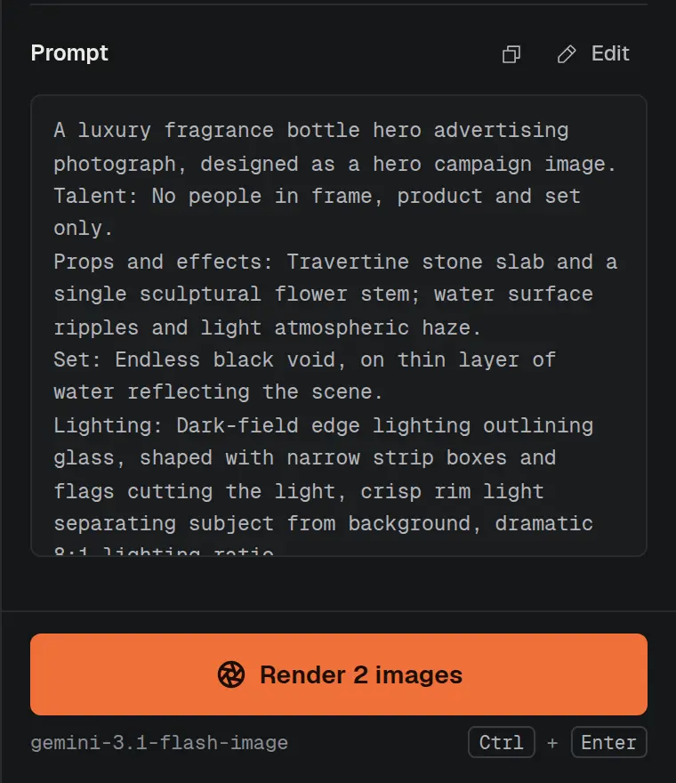 Generated prompt for a fragrance hero shot above the Render 2 images button