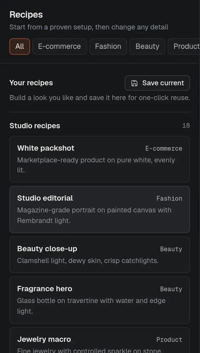 Recipes panel with studio recipes such as White packshot, Studio editorial and Beauty close-up