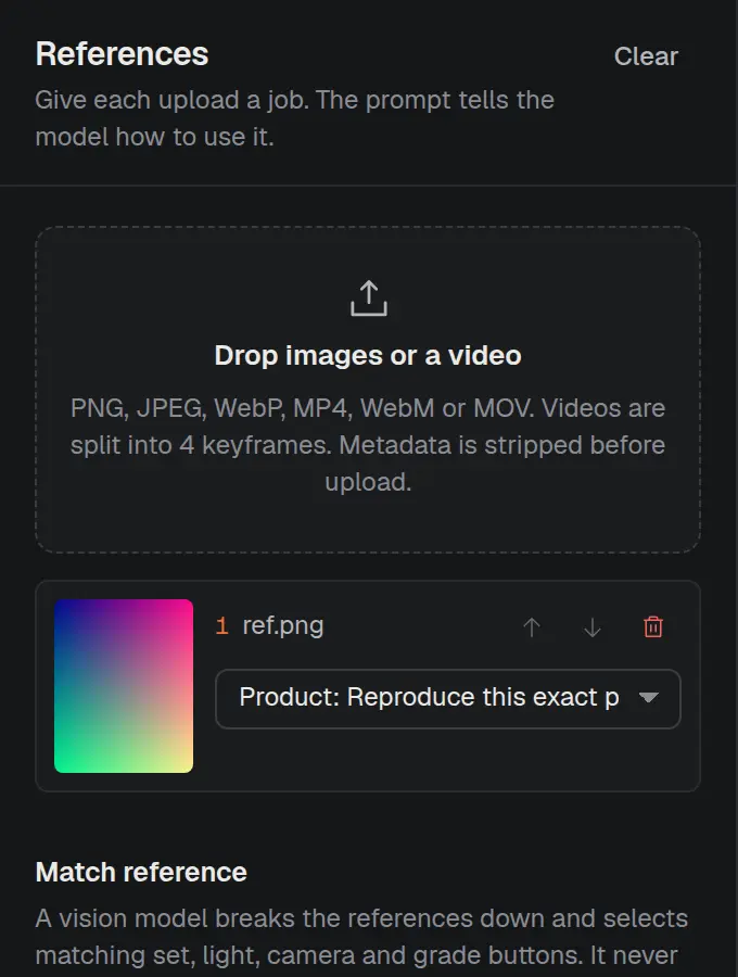 References panel with an uploaded image tagged as the product to reproduce exactly
