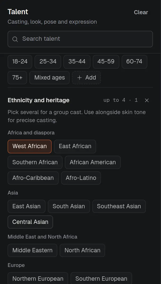 Talent panel with age ranges and ethnicity and heritage options for casting